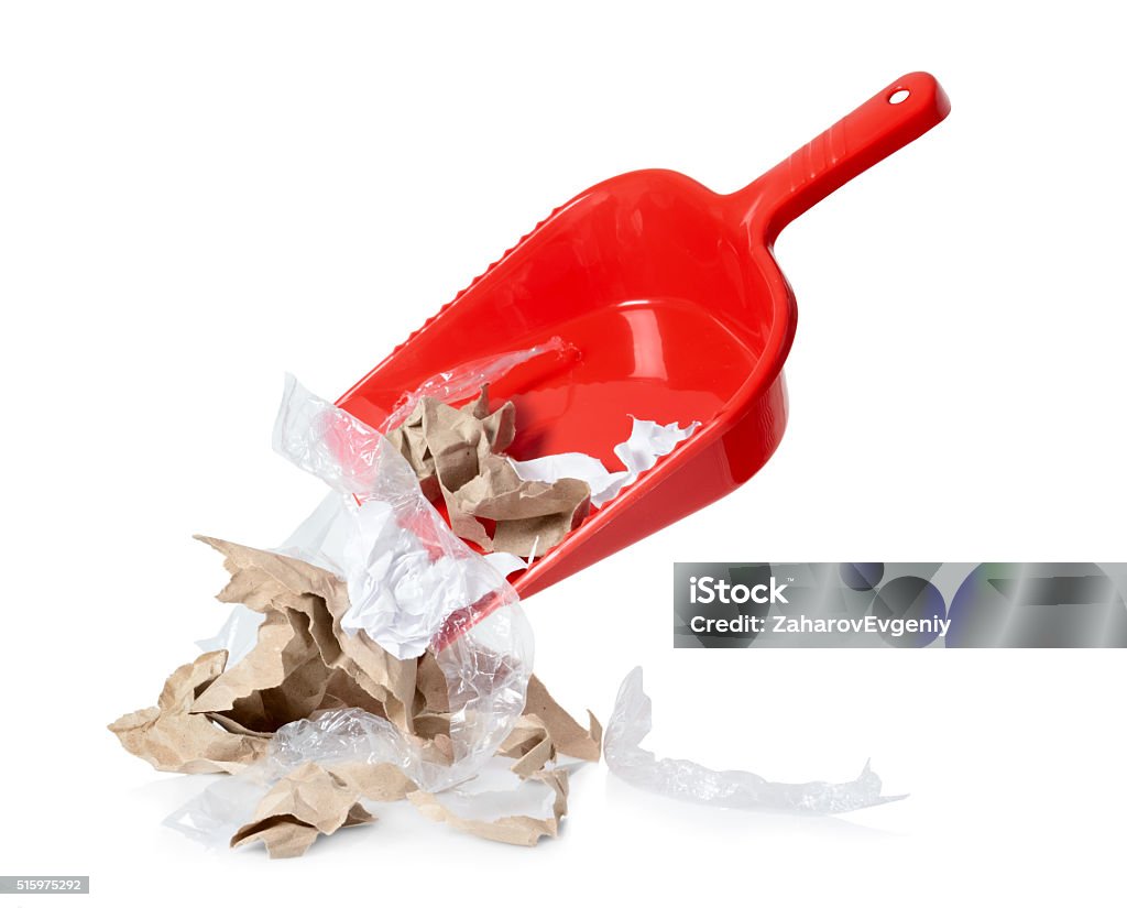 Red shovel with litter isolated on white background Cleaner Stock Photo