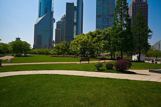 istock Park empty lawn and road with modern city buildings background 515976492