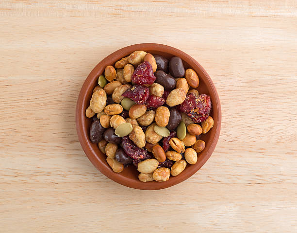 Soybean cranberry trail mix in small bowl on table