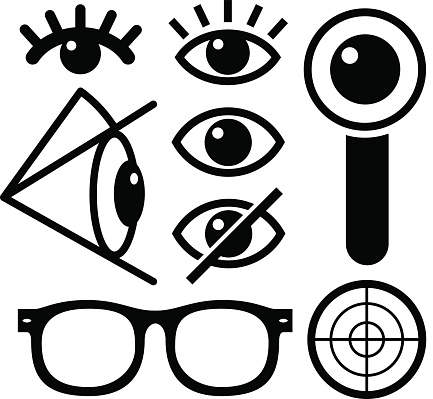 Human eye icons black on white, lens, eyewear, survaillance.
