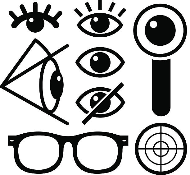Human eye icons black Human eye icons black on white, lens, eyewear, survaillance. observation point stock illustrations