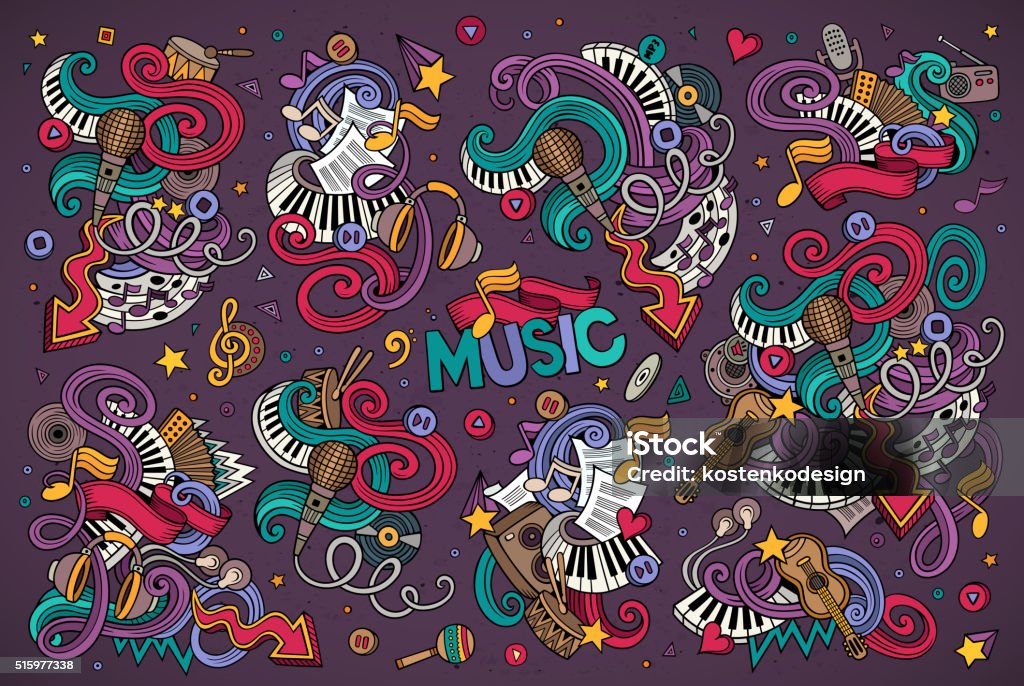 Colorful vector hand drawn Doodle cartoon set of objects Colorful vector hand drawn Doodle cartoon set of objects and symbols on the music theme Music stock vector