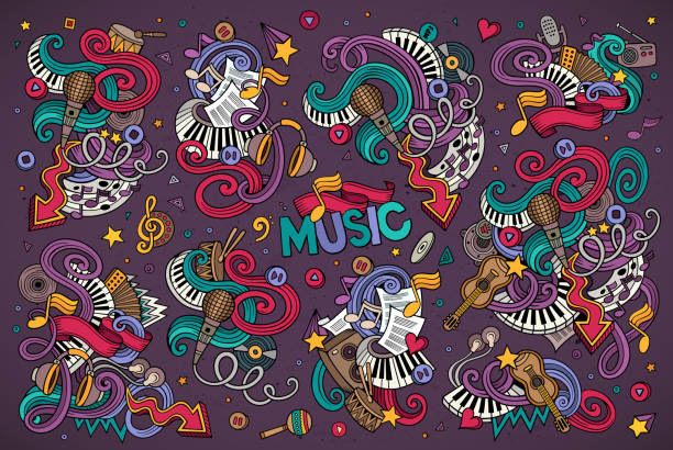 Colorful vector hand drawn Doodle cartoon set of objects Colorful vector hand drawn Doodle cartoon set of objects and symbols on the music theme musical instrument illustrations stock illustrations