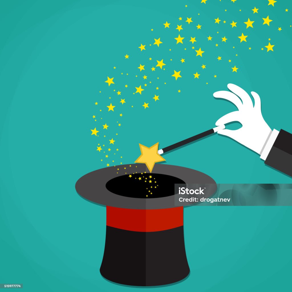 Cartoon Magicians hands holding a magic wand Cartoon Magicians hands in white gloves holding a magic wand with stars sparks above black magic hat. Vector illustration in flat design on green background Magician stock vector