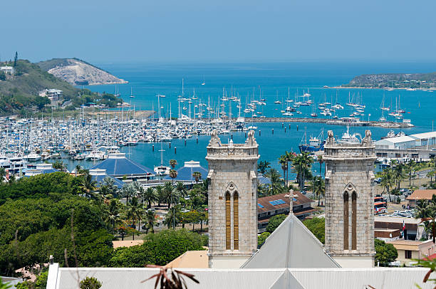 Saint Joseph Cathedral and the Moselle Bay Saint Joseph Cathedral and the Moselle Bay in Noumea, New Caledonia. The view from the hill of F.O.L.  Nouméa is one of the most famous tourist attractions in the waorld. new caledonia stock pictures, royalty-free photos & images