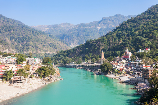 Rishikesh aerial view, India. It is known as the Gateway to the Garhwal Himalayas and the Yoga Capital of the World.