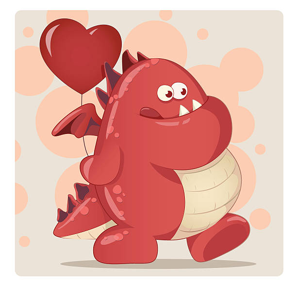 ilustraciones, imágenes clip art, dibujos animados e iconos de stock de de historieta divertido con globo corazón rojo dragón. - monster alien love animal