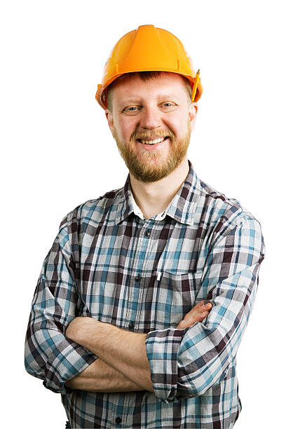 istock Funny happy bearded man in an helmet 516001642