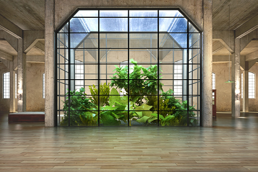 Empty room of business, or residence with atrium background.Photo realistic 3d model scene.