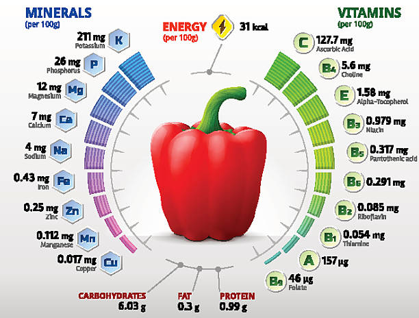 vitamine und mineralien aus roter paprika - vitamin c vitamin a vitamin e vegetable stock-grafiken, -clipart, -cartoons und -symbole