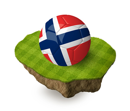 3d realistic soccer ball with the flag of Norway on a piece of rock with stripped green soccer field on it. See whole set for other countries.