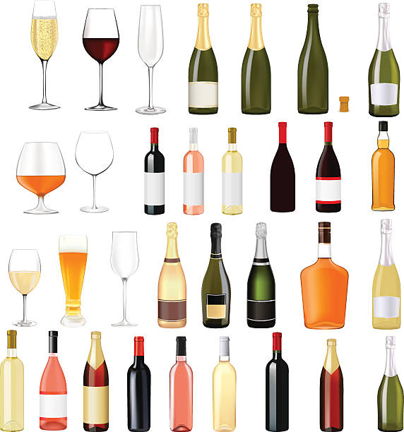 alkoholische getränke in flaschen und gläser - alcohol isolated white white background stock-grafiken, -clipart, -cartoons und -symbole