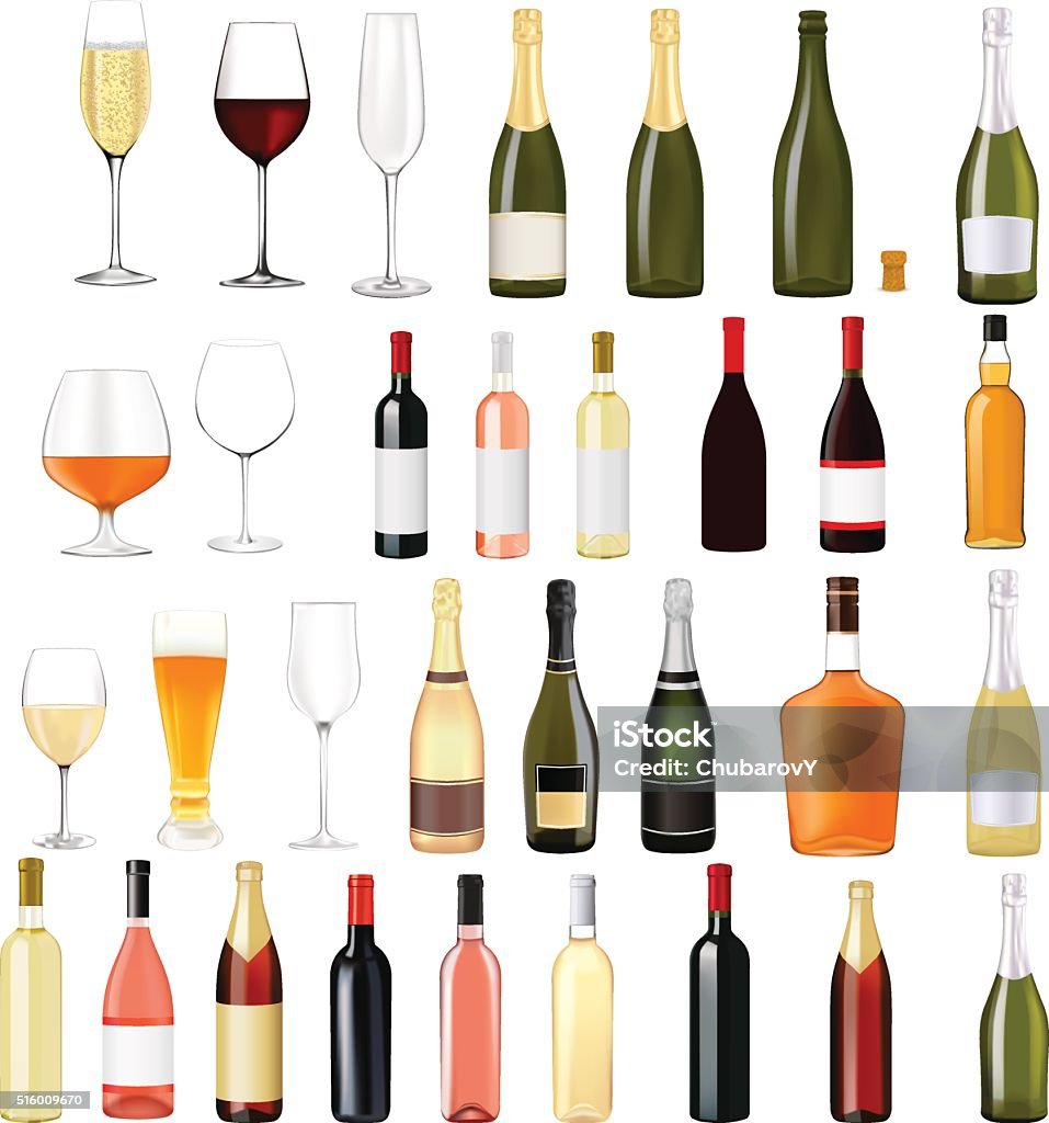 Alcohol drinks in bottles and glasses Alcohol drinks in bottles and glasses: whiskey, cognac, brandy, beer, champagne, wine. Vector illustration isolated on white background Wine Bottle stock vector