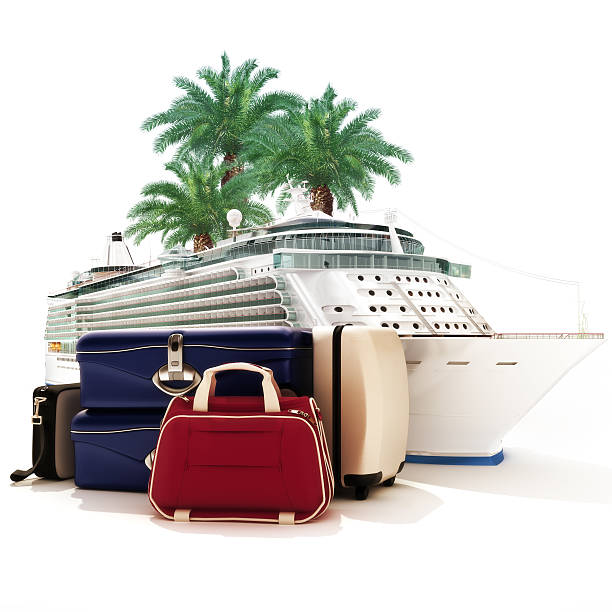 Cruise ship with luggage and palms in the background.