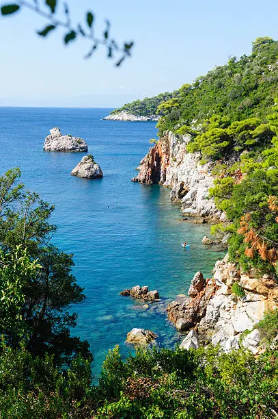 Northern part of Stafylos beach on Greek island Skopelos in Aegean Sea, located on south side of island 