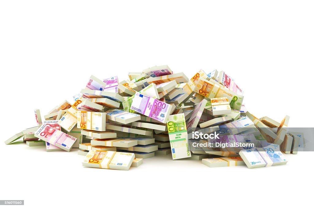 European pile of money  stacks of 10's, 20's, 50's, 100's, 500's in Europeans currency on a white background. Saving or dept concept. European Union Currency Stock Photo