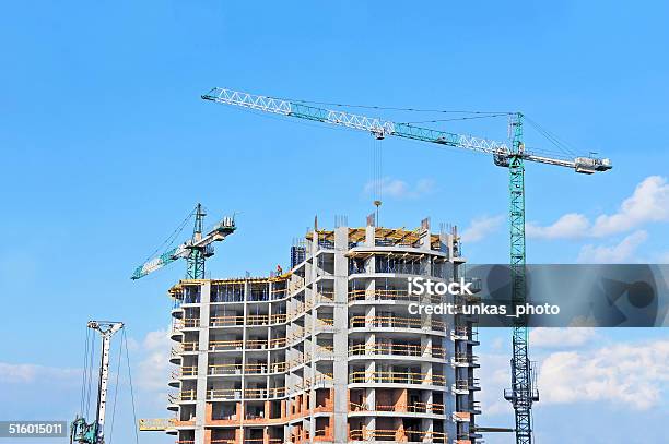 Crane And Construction Site Stock Photo - Download Image Now - Apartment, Architecture, Blue