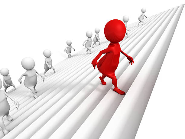 istock 3d people walking up on success ladder steps. red leader 516015253
