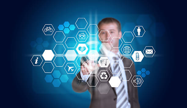 istock Businessman in suit finger presses virtual button 516016467