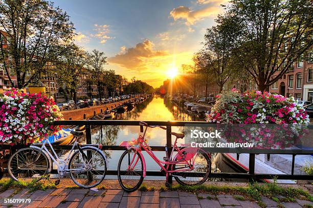 Amsterdam Summer Sunrise Stock Photo - Download Image Now - Amsterdam, Netherlands, Bicycle