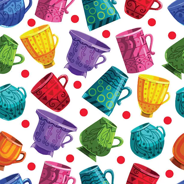 Vector illustration of Seamless pattern with cartoon mugs. Illustration with cooking ut