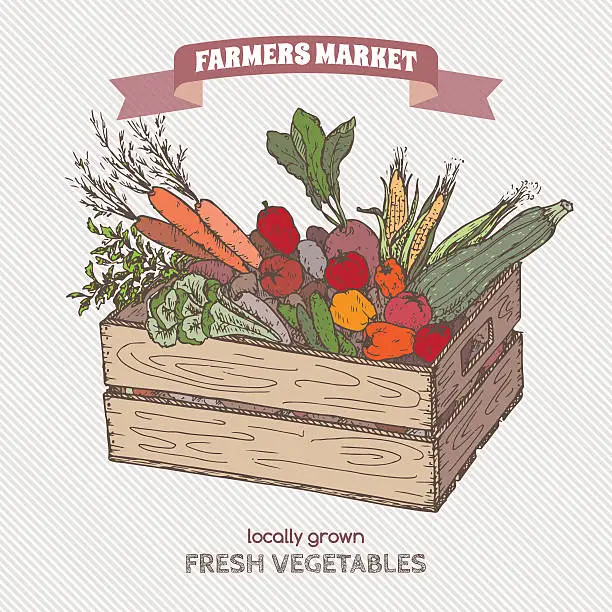 Vector illustration of Color farmers market label with vegetables in wooden crate.
