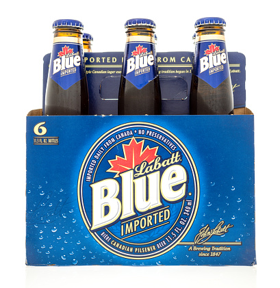 Winneconne, WI, USA -24 Oct 2015: Six pack of Labatt Blue beer from Canada.