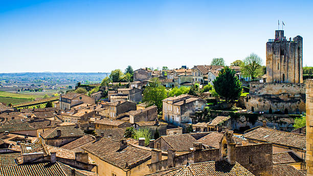 panoramic view of Saint-Emilion near Bordeaux, France panoramic view of  Saint-Emilion and the vineyard, near Bordeaux in France saint emilion photos stock pictures, royalty-free photos & images