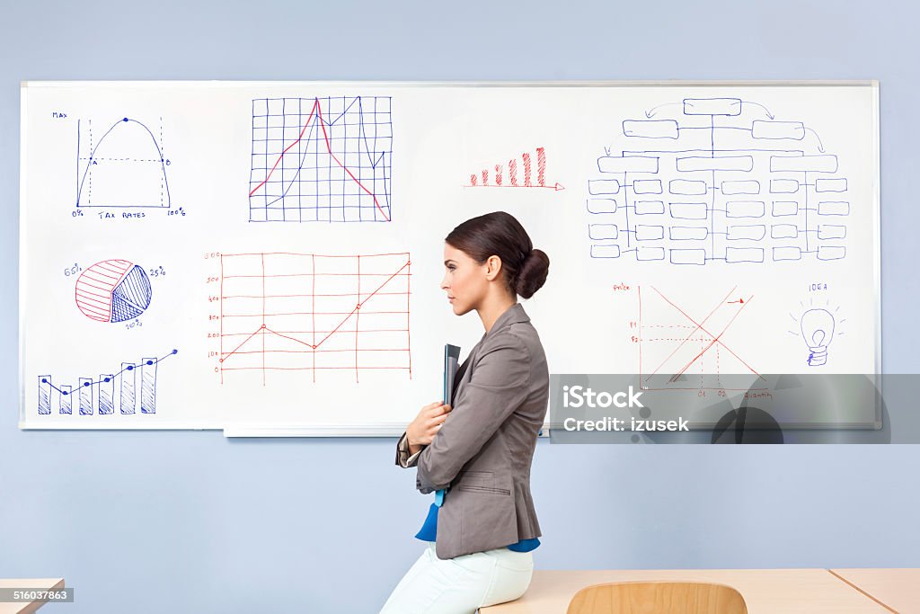Female teacher Side view of worried female teacher standing against the whiteboard. Whiteboard - Visual Aid Stock Photo