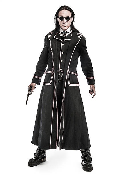 Steampunk Victorian Costume Character Steampunk fantasy figure shot in studio on white background. steampunk pistol pictures stock pictures, royalty-free photos & images