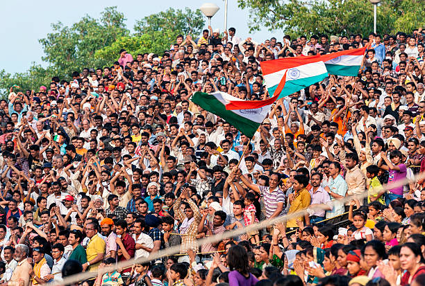 Crowd Shouting during Flag Ceremony Pakistani Border stock photo
