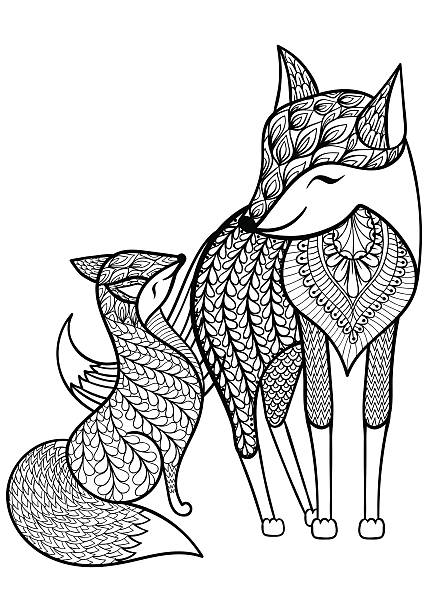Hand drawn Fox with young child pattern for Hand drawn Fox with young child pattern for adult coloring page A4 size in doodle, style, ethnic ornamental patterned print, monochrome sketch. Floral printable vector illustration. adult coloring pages mandala stock illustrations