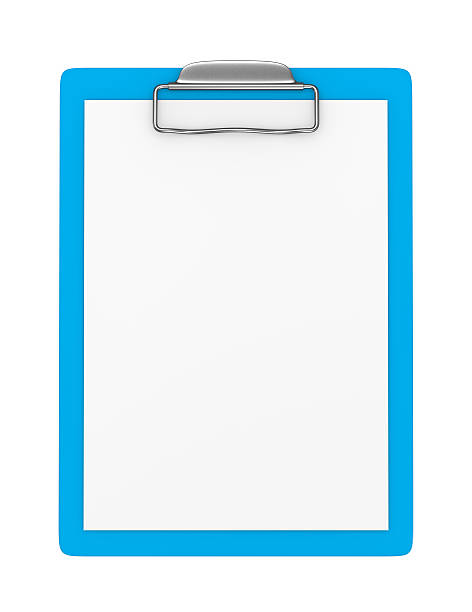 blue clipboard with blank paper isolated - klembord illustraties stockfoto's en -beelden