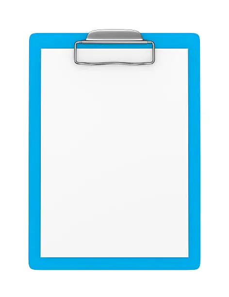 Photo of Blue Clipboard with Blank Paper Isolated