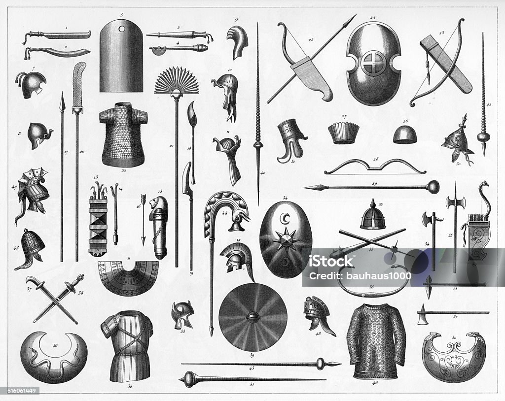 Egyptian and Persian Weapons Engraved illustrations of Weapons of the Egyptians, Medes and Persians from Iconographic Encyclopedia of Science, Literature and Art, Published in 1851. Copyright has expired on this artwork. Digitally restored. Engraved Image stock illustration