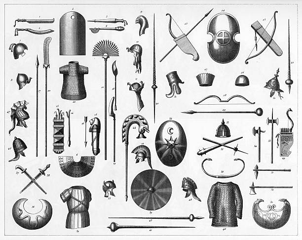 Egyptian and Persian Weapons Engraved illustrations of Weapons of the Egyptians, Medes and Persians from Iconographic Encyclopedia of Science, Literature and Art, Published in 1851. Copyright has expired on this artwork. Digitally restored. libyan culture stock illustrations