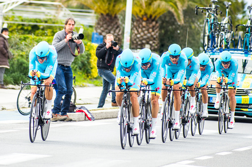 Lido di camaiore,Italy- March 9, 2016:  Astana racing team  during the crono, first race of the 2016 Tirreno adriatica in lido di camaiore, italy on the 9th of march 2016