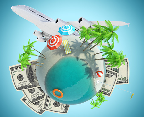 Earth globe with jet and dollars on blue background, travel concept