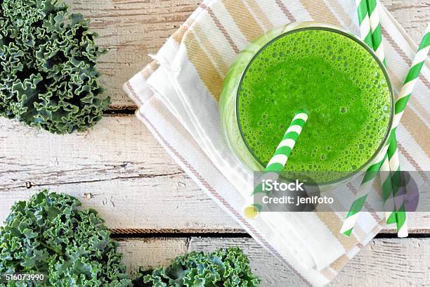 Green Kale Smoothie With Straws Overhead View Stock Photo - Download Image Now - Kale, Smoothie, Green Color