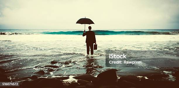 Lonely Businessman Alone Anxiety Beach Concept Stock Photo - Download Image Now - Adult, Beach, Business