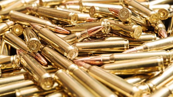 Brass cartridge cases on a gray background with copy space.