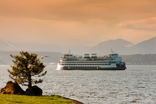 Ferryboats and Mountains Ferryboats and Mountains. A view from Alki Beach in West Seatte of ferryboats and the Olympic Mountains during a lovely warm springtime sunset. bainbridge island photos stock pictures, royalty-free photos & images
