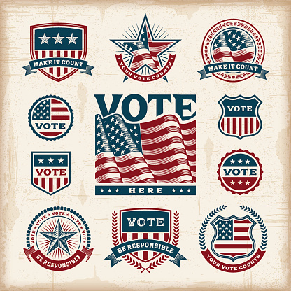 A set of vintage USA election labels and badges in woodcut style. Editable EPS10 vector illustration with clipping mask and transparency. Includes high resolution JPG.