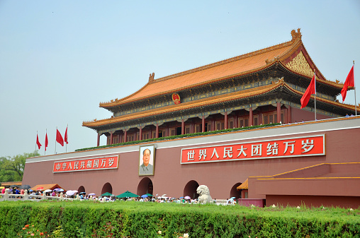 Tiananmen (Tian'anmen or Gate of Heavenly Peace) in Tiananmen Square in the center of Beijing, China. It was built in 1420, Tiananmen is often referred to as the front entrance to the Forbidden City.