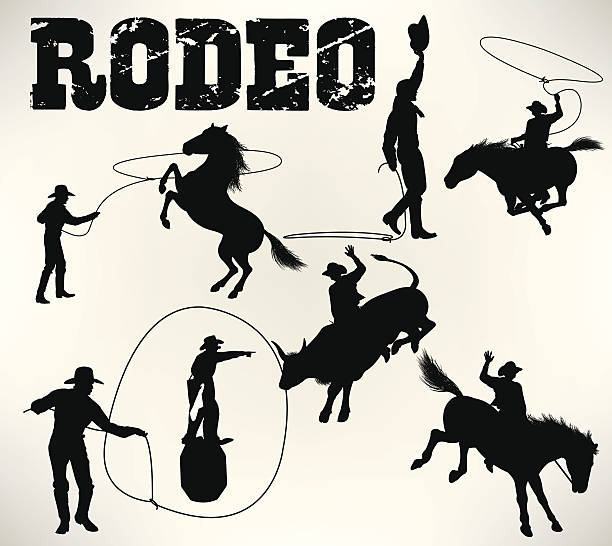 illustrazioni stock, clip art, cartoni animati e icone di tendenza di rodeo, monta di cavallo selvaggio, monta dei tori - cowboy horse lasso rodeo