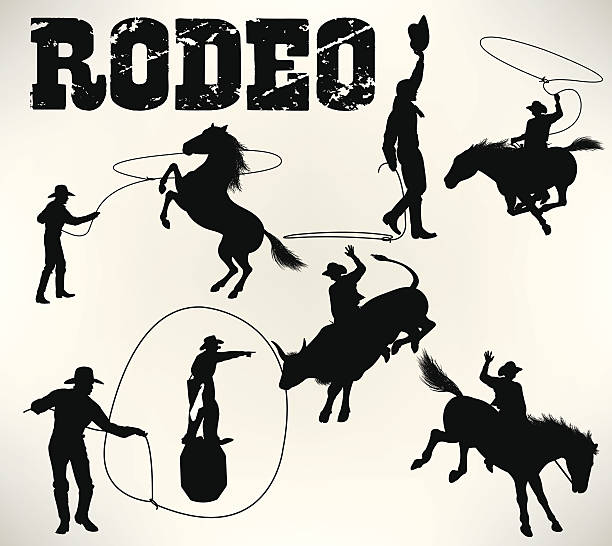 ilustrações, clipart, desenhos animados e ícones de rodeio, cavalos selvagens, montando em touro - rodeo cowboy horse silhouette