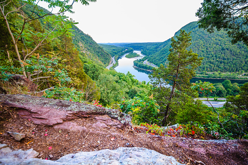 Delaware Water Gap, Pennsylvania. Scenic view from the Mount Tammany to the Highway 80 with the light's trail