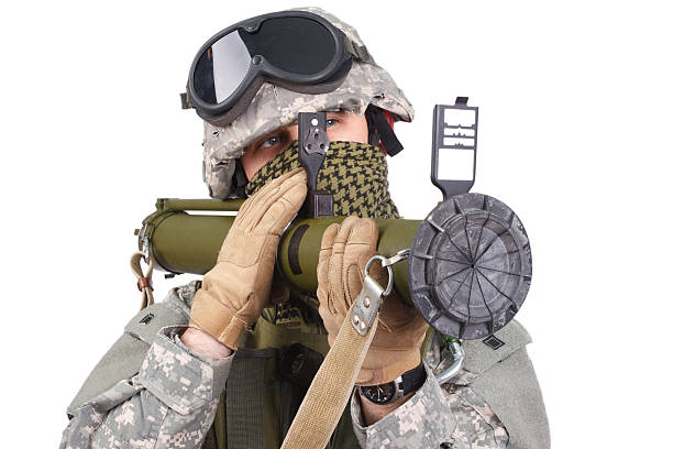 istock US soldier with anti-tank rocket launcher RPG on white background 516082559