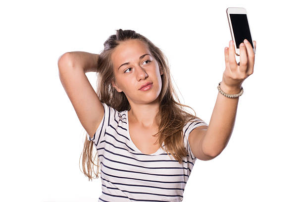 istock Young woman making selfie on white isolated background 516083417