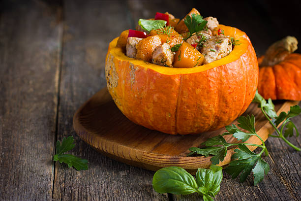 istock Roasted pumpkin, meat, bell peppers and red onion 516108372